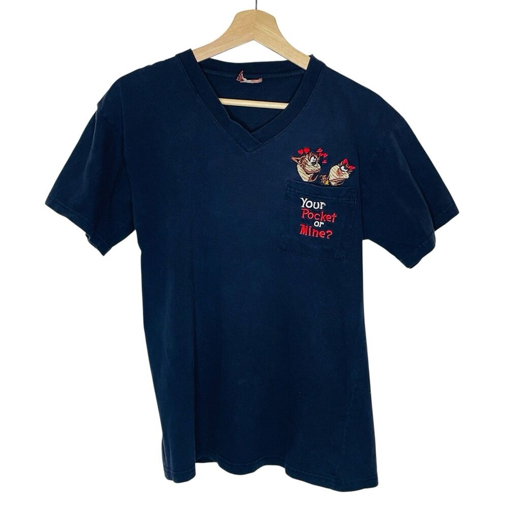 2001 Vintage Looney Tunes "Taz Falling in Love" V Neck Medium Blue Shirt Y2K
